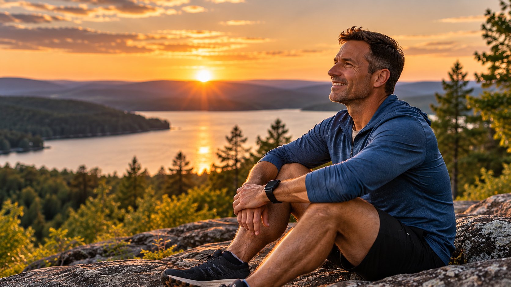 A man in workout clothes sits on a rock above a lake at sunset, smiling.